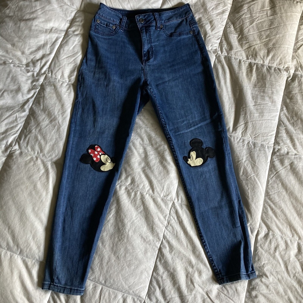 Disney Brand Juniors 9 High Waist (25") Skinny BlueJean Minnie Kisses Mickey - Picture 2 of 16